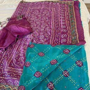 Turquoise and Purple Silk Bandani style Indian Wedding Sari with Blouse